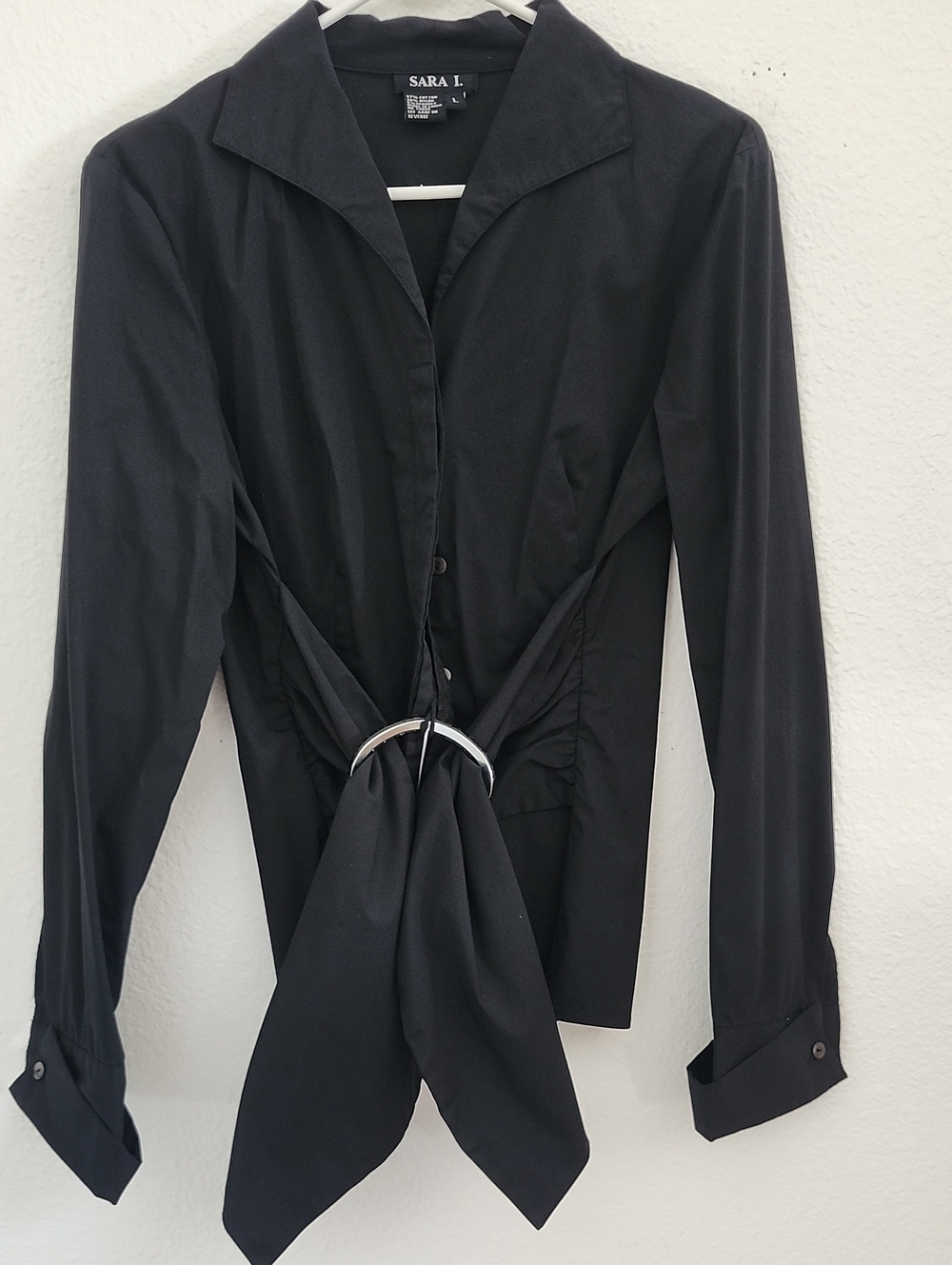 Sara Black Long-Sleeve Button-Front Tie-Waist Shirt